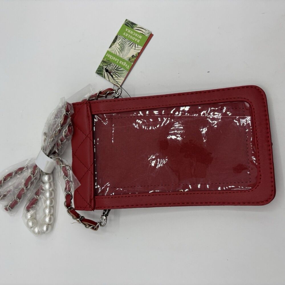 Badgley Mischka Red Phone Case Purse w/ Diamond Quilting & Pearls Cardholder NEW - Picture 3 of 8